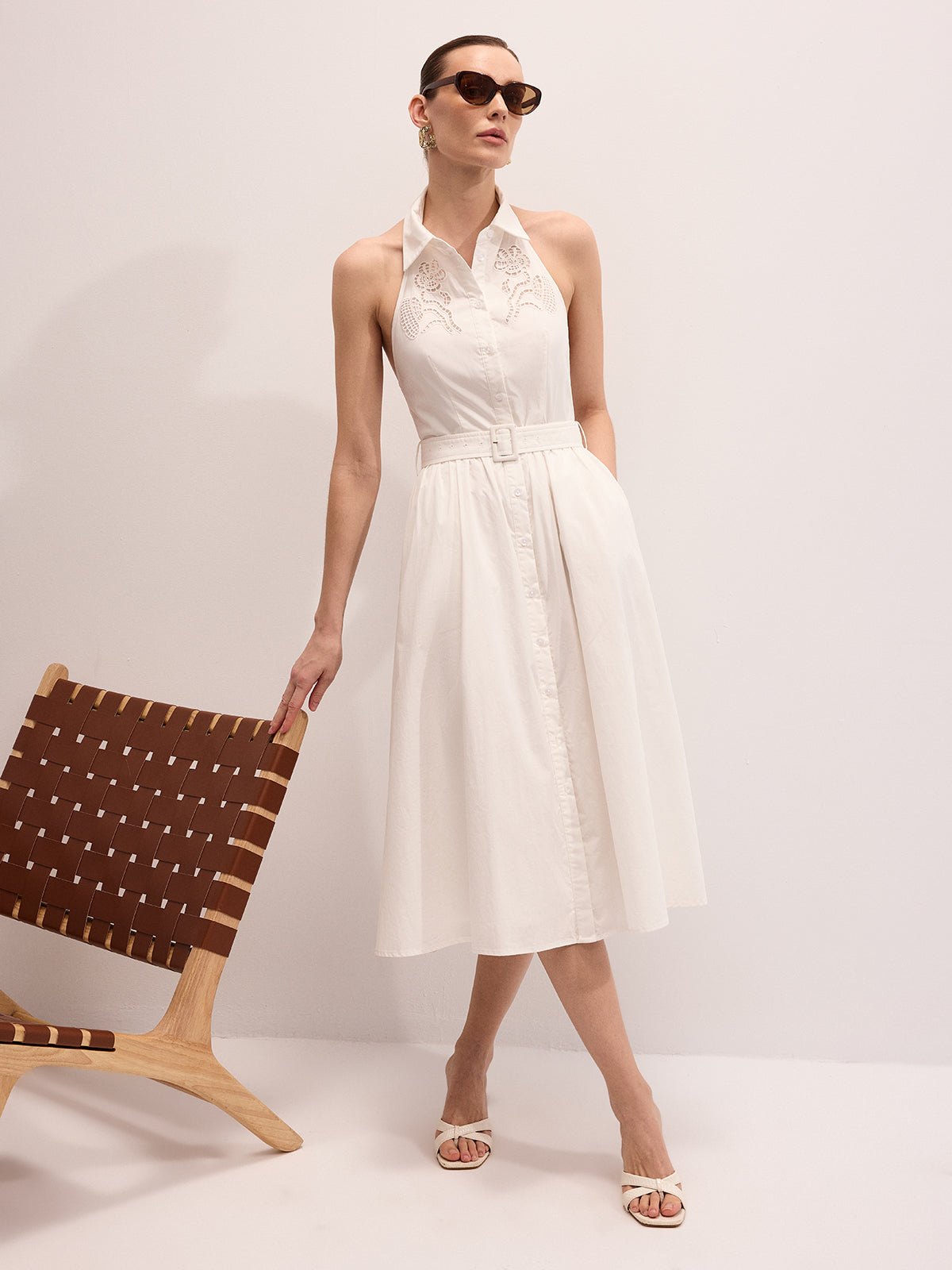 Cotton Embroidered Belted Halter Maxi Dress for Women Summer Wedding