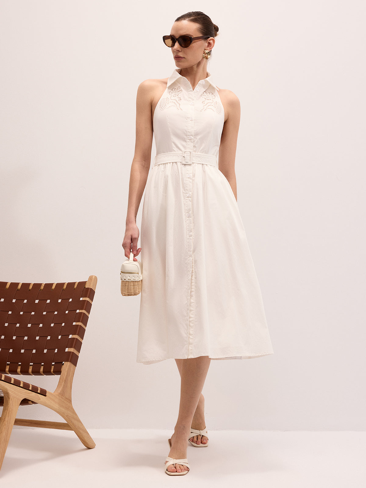 Cotton Embroidered Belted Halter Maxi Dress for Women Summer Wedding