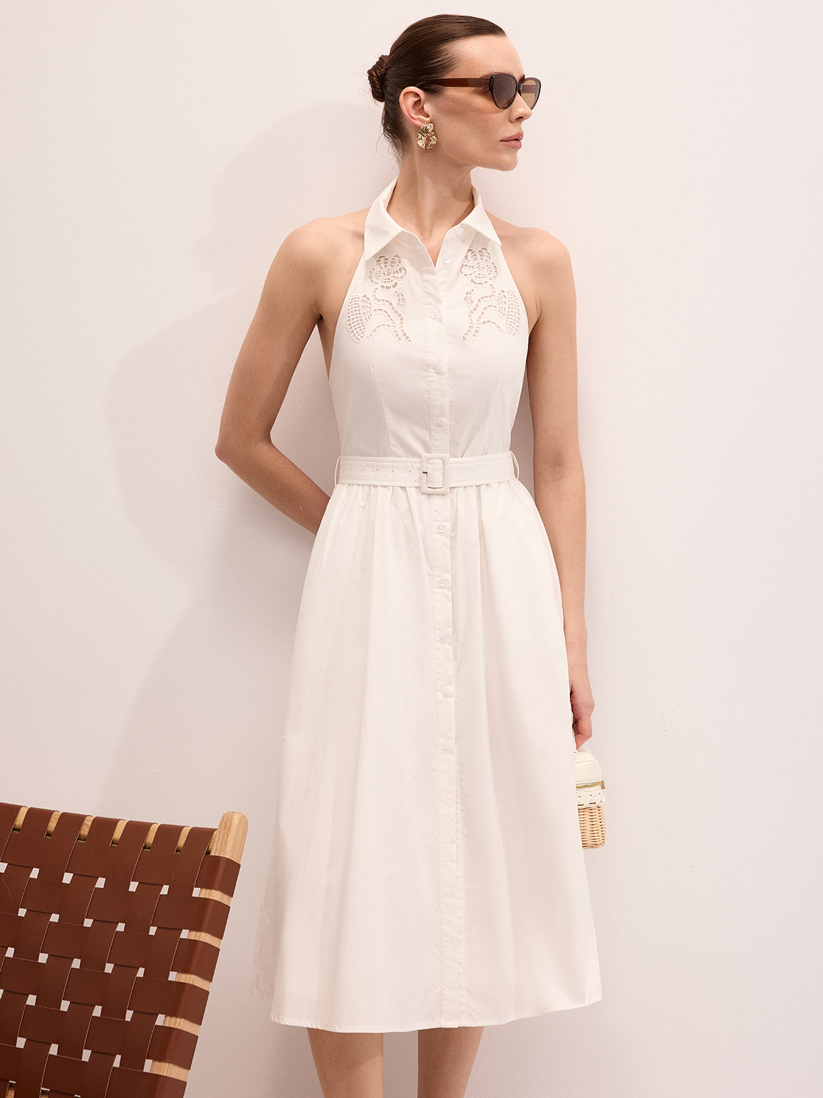 Cotton Embroidered Belted Halter Maxi Dress for Women Summer Wedding