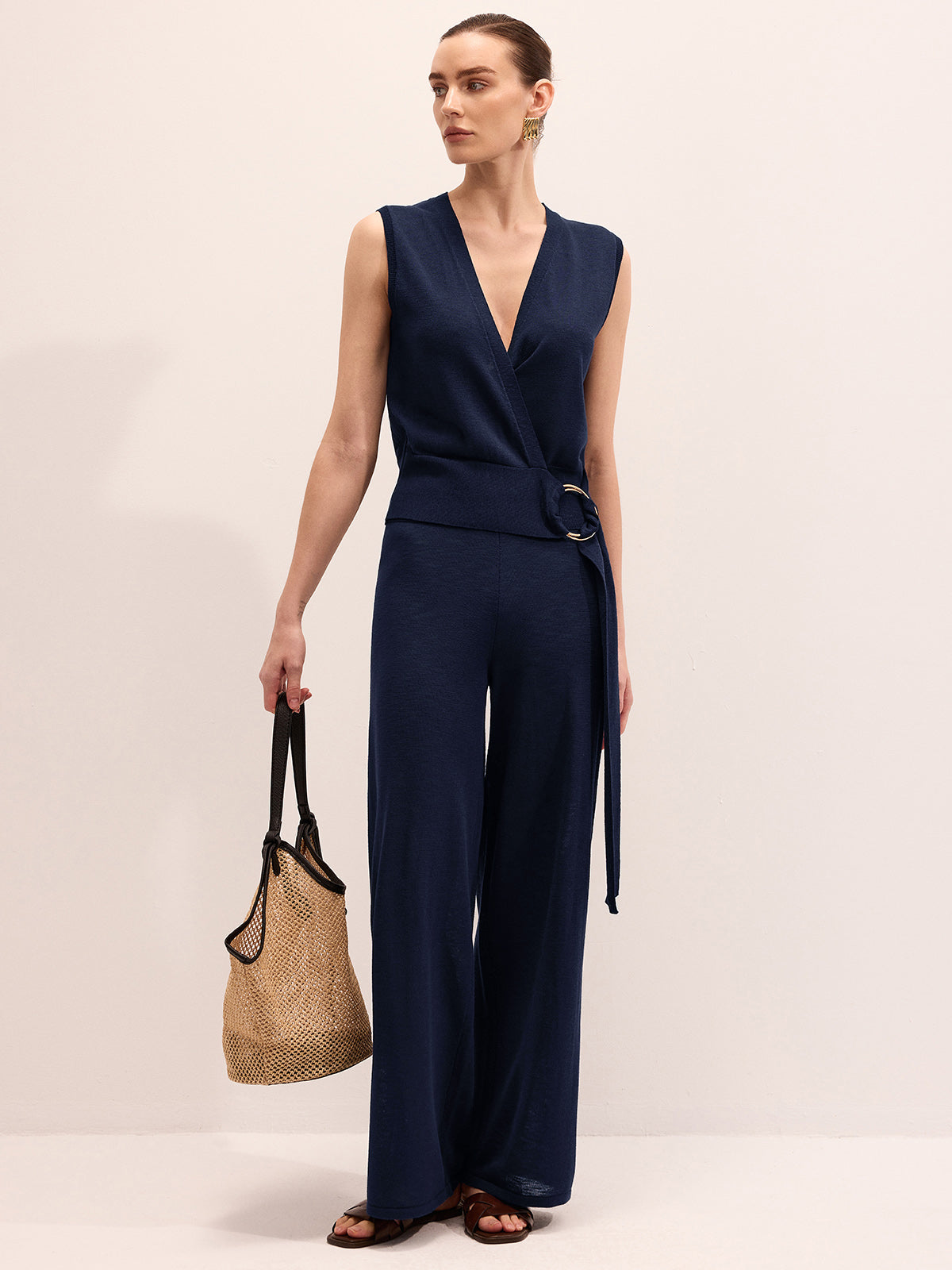 Wrap V-Neck Knit Top & Pants Set Cozy Loungewear Essentials