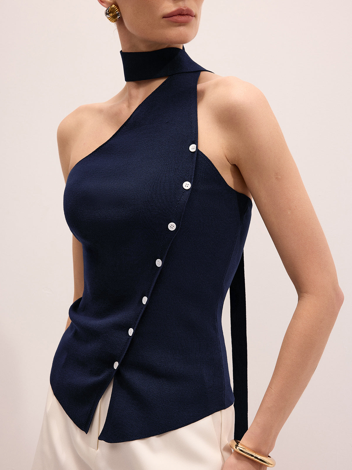 One Shoulder Buttoned Tie Neck Ribbed Knit Fashion Top for Women