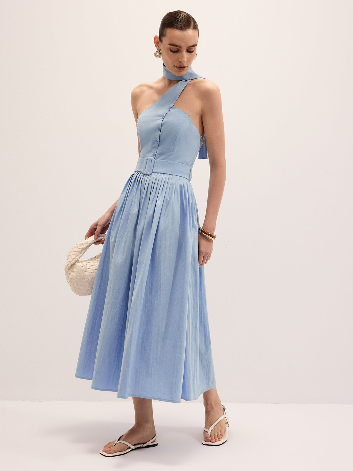 Halter Neck Cotton Blend Belted Maxi Dress for Summer Weddings