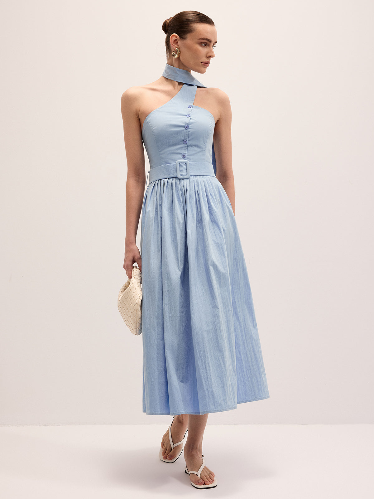 Halter Neck Cotton Blend Belted Maxi Dress for Summer Weddings