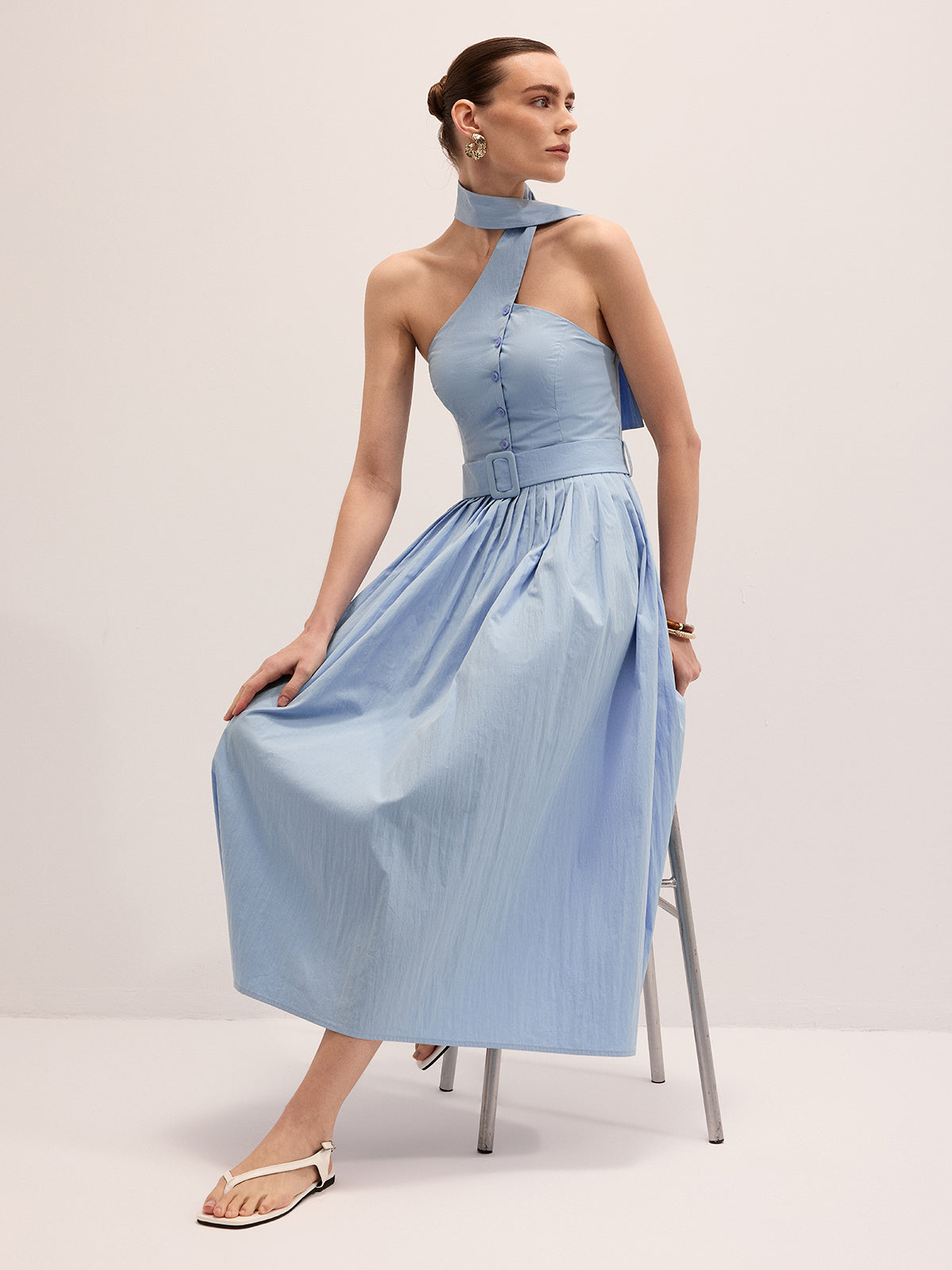 Halter Neck Cotton Blend Belted Maxi Dress for Summer Weddings