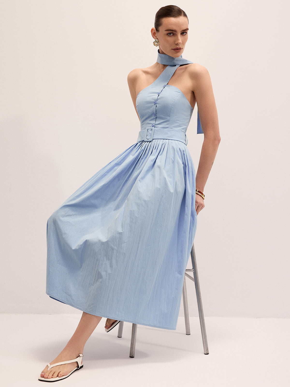 Halter Neck Cotton Blend Belted Maxi Dress for Summer Weddings