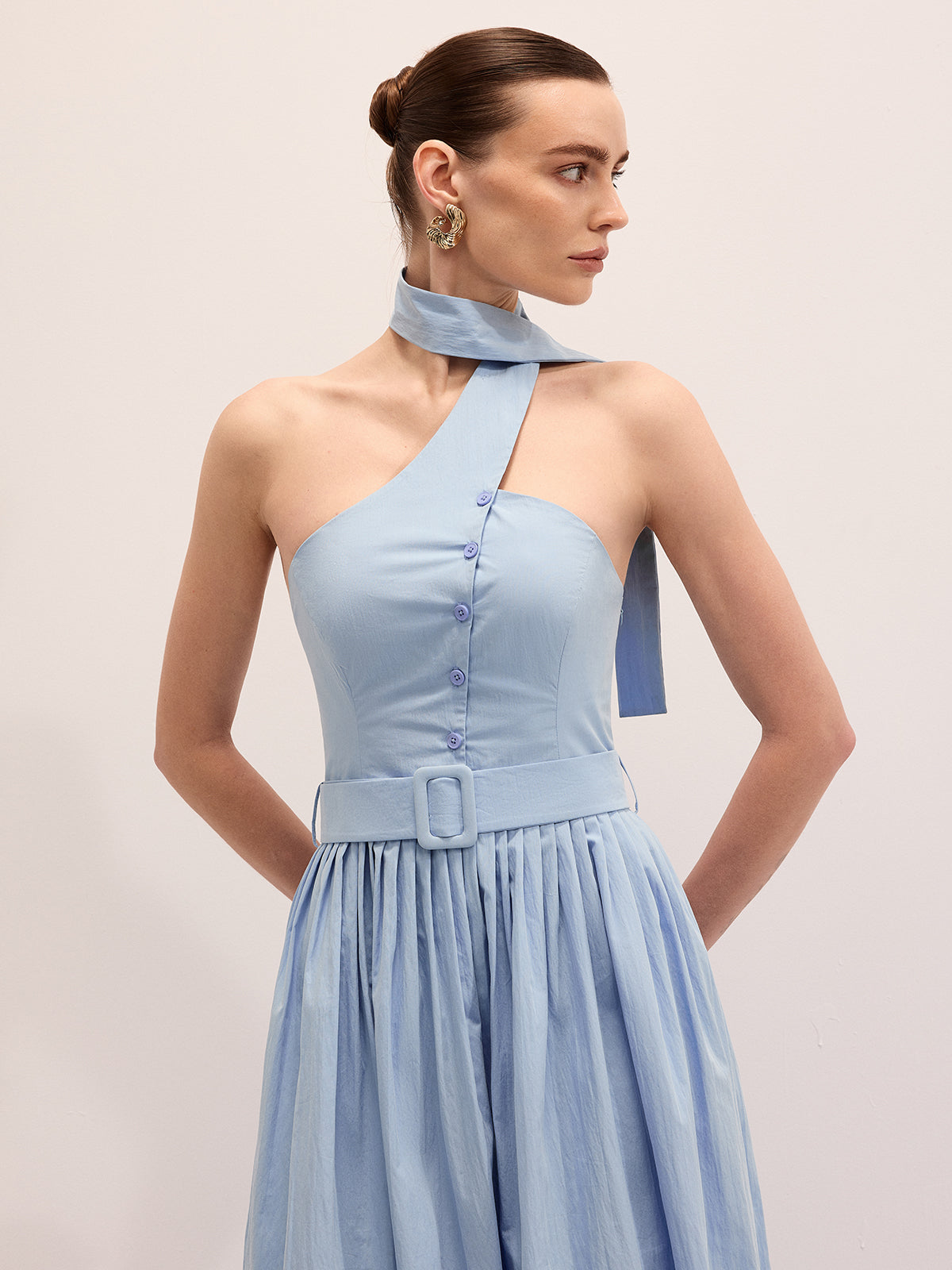Halter Neck Cotton Blend Belted Maxi Dress for Summer Weddings