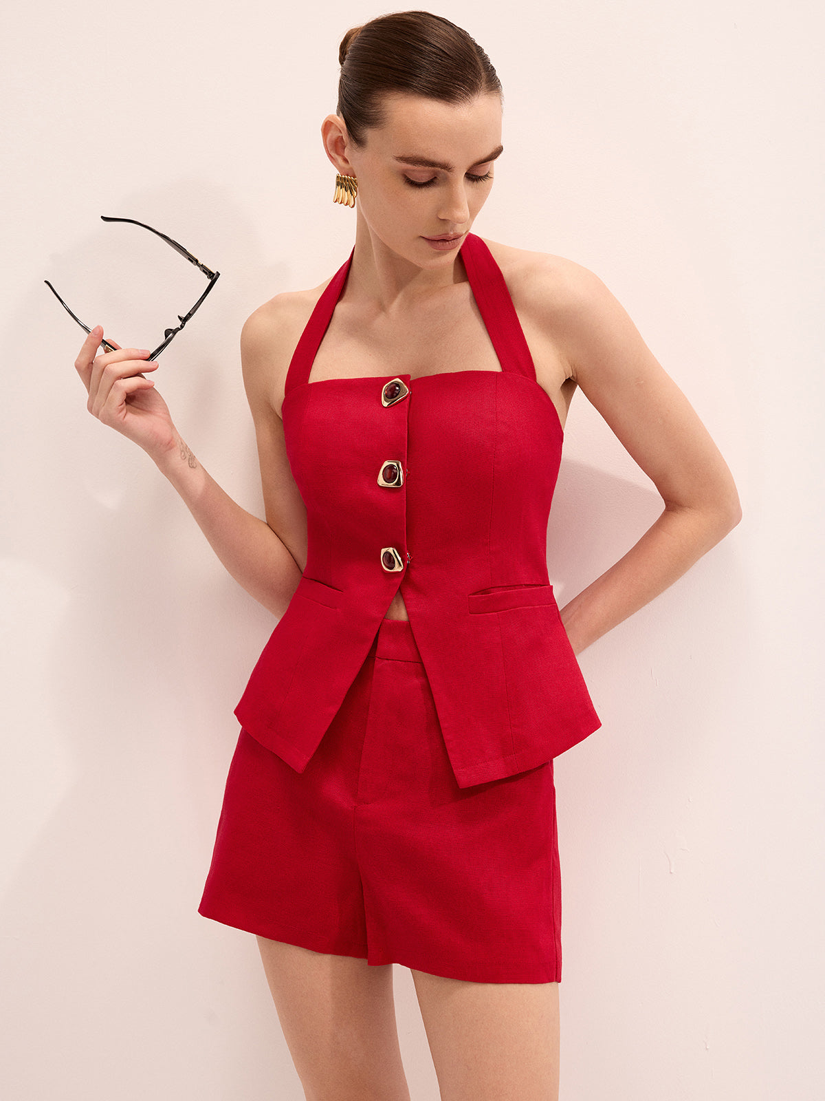 Linen Blend Halter Top & Shorts Set for Summer Casual Wear