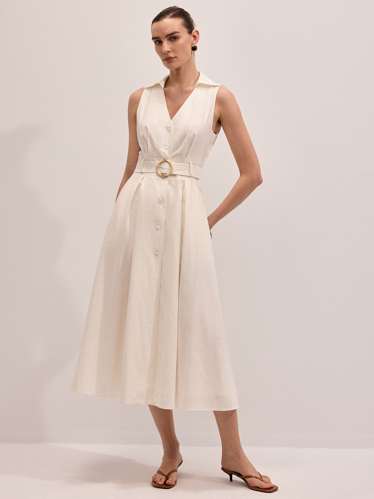 Cotton Linen Sleeveless Belted Midi Dress for Women Summer Casual