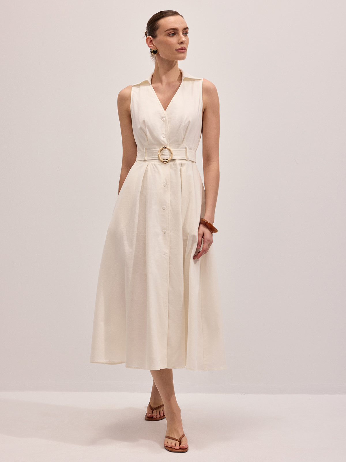 Cotton Linen Sleeveless Belted Midi Dress for Women Summer Casual