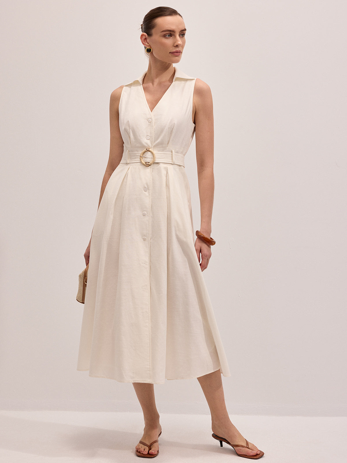 Cotton Linen Sleeveless Belted Midi Dress for Women Summer Casual