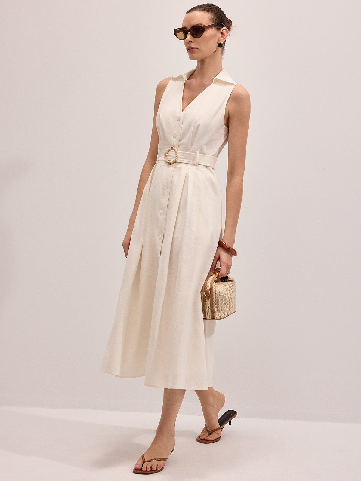 Cotton Linen Sleeveless Belted Midi Dress for Women Summer Casual