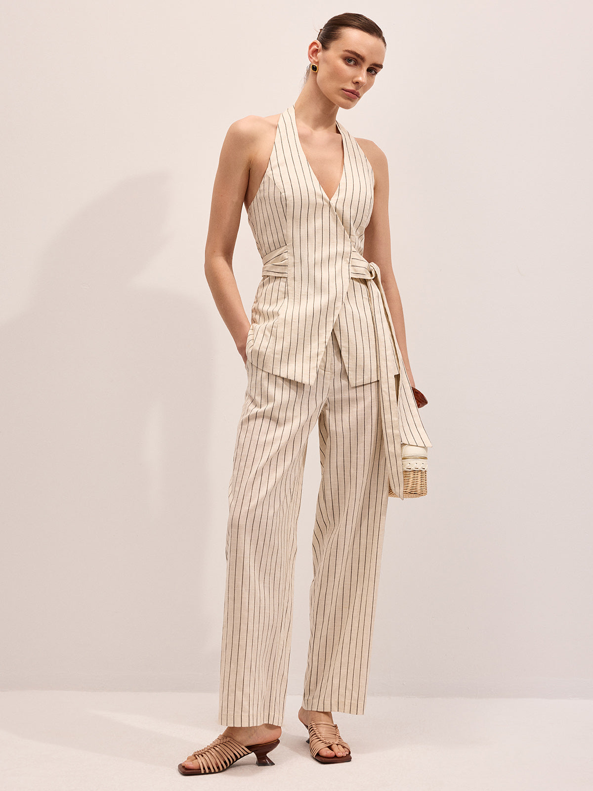 Striped Cotton Linen Halter Vest & Pants Set for Women, Lightweight Summer Outfit