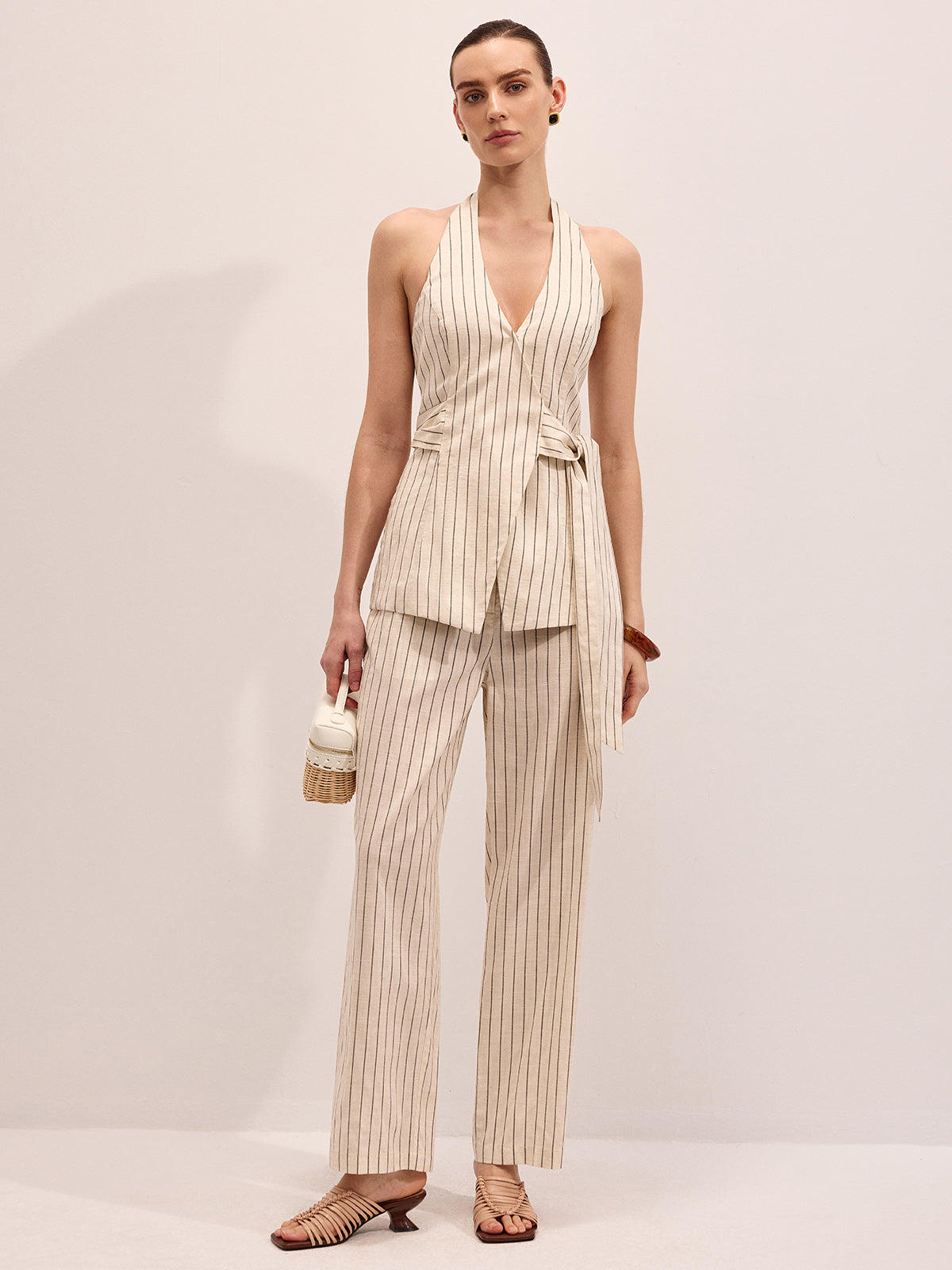 Striped Cotton Linen Halter Vest & Pants Set for Women, Lightweight Summer Outfit