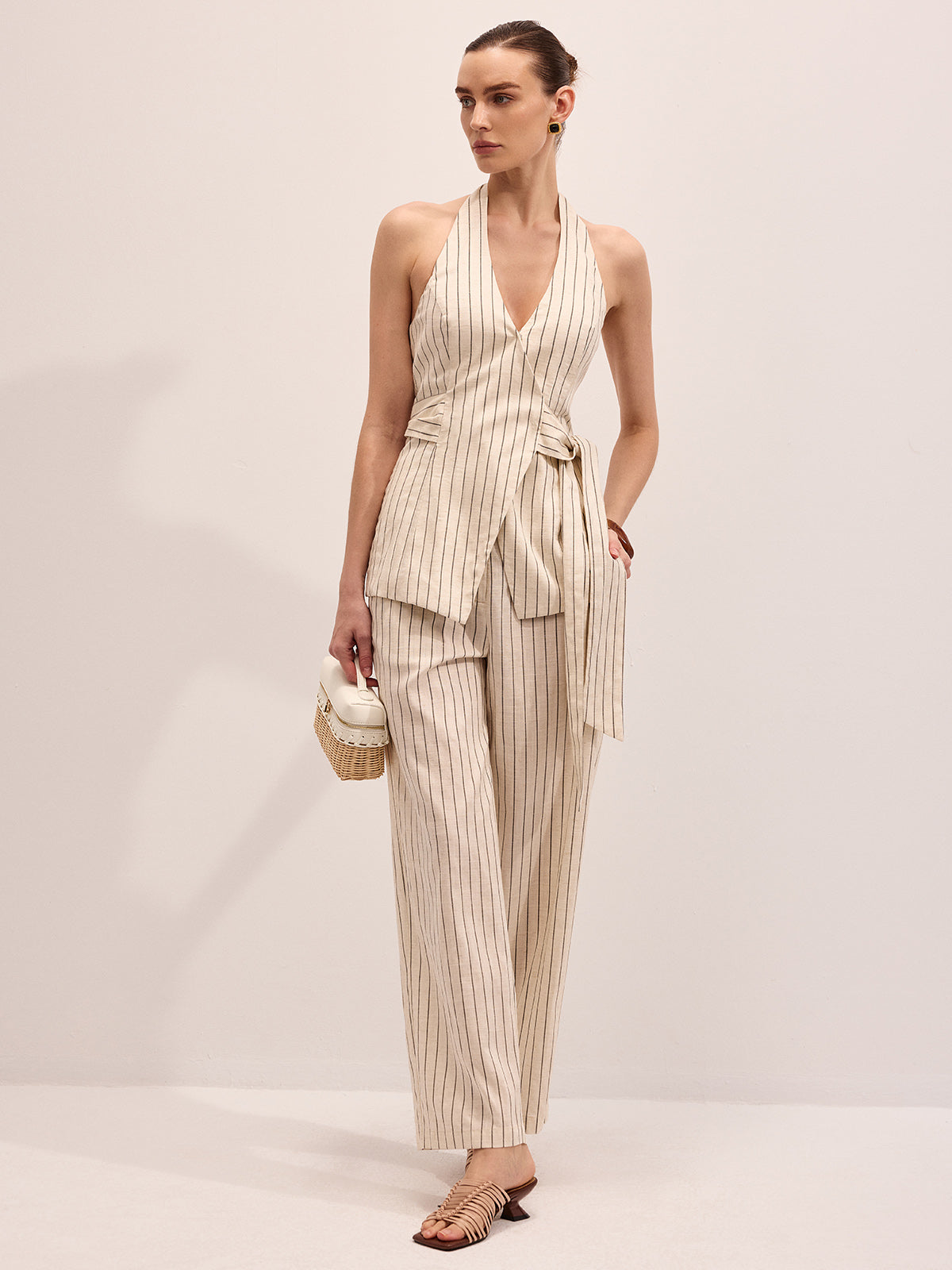 Striped Cotton Linen Halter Vest & Pants Set for Women, Lightweight Summer Outfit