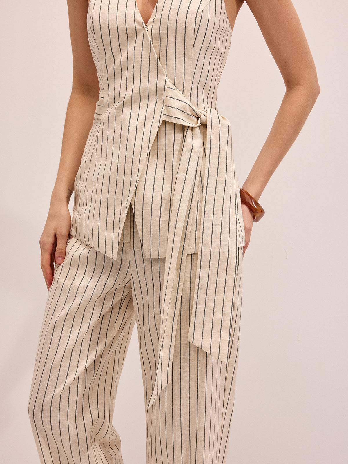 Striped Cotton Linen Halter Vest & Pants Set for Women, Lightweight Summer Outfit