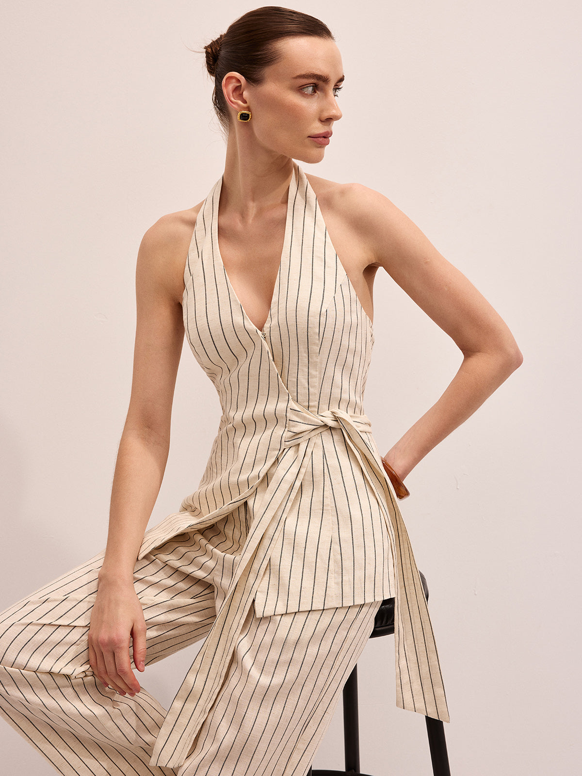 Striped Cotton Linen Halter Vest & Pants Set for Women, Lightweight Summer Outfit
