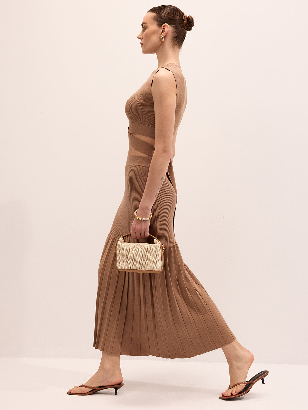 Cut-Out Knit Top & Pleated Midi Skirt Set - Women's Fashion Outfit