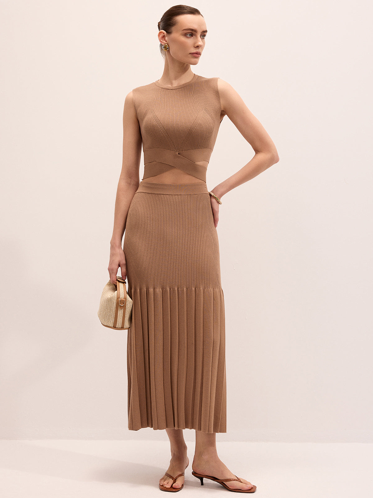 Cut-Out Knit Top & Pleated Midi Skirt Set - Women's Fashion Outfit