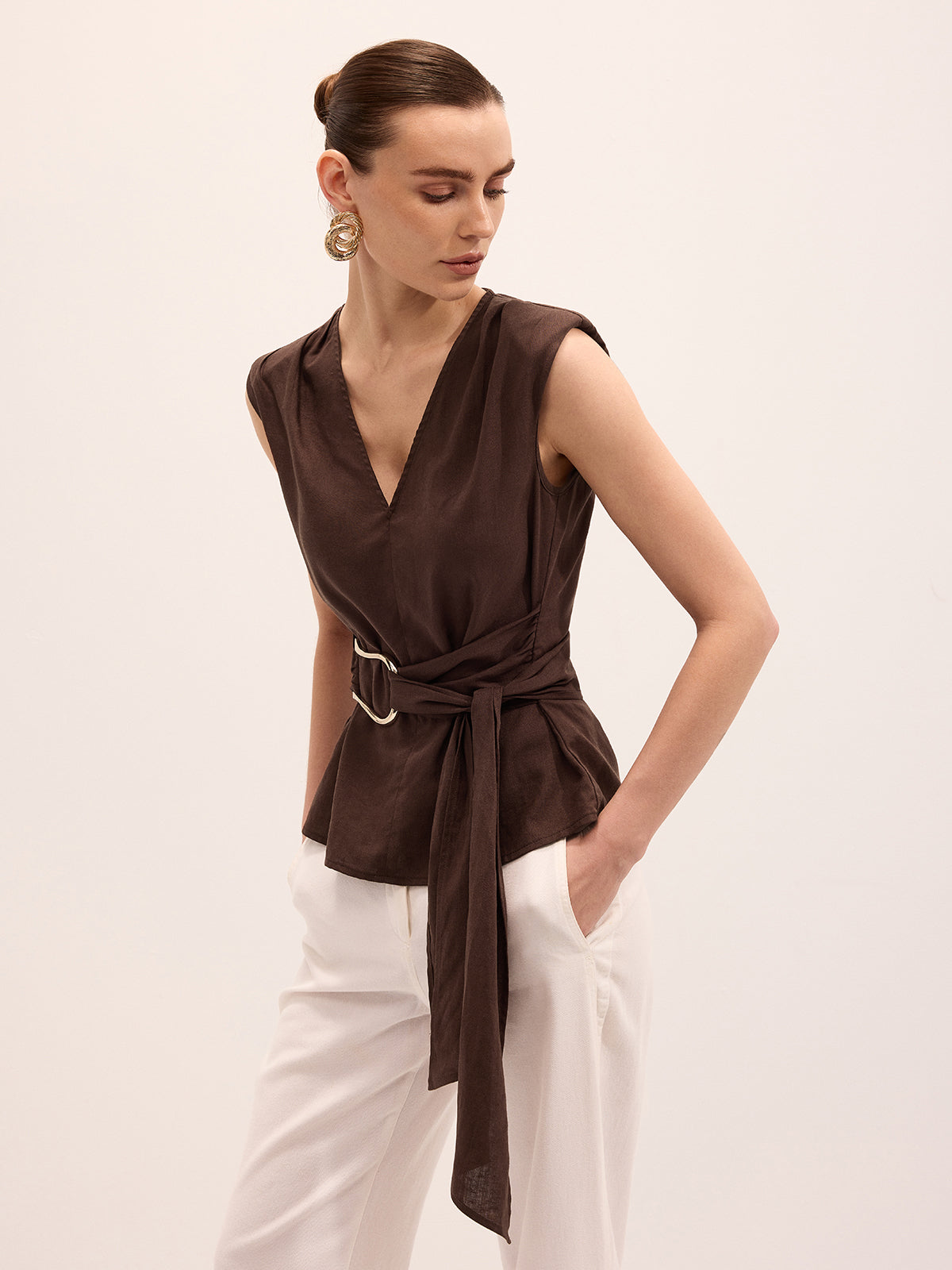 Tie-Waist V-Neck Linen Blend Sleeveless Blouse Women's Summer Casual Top