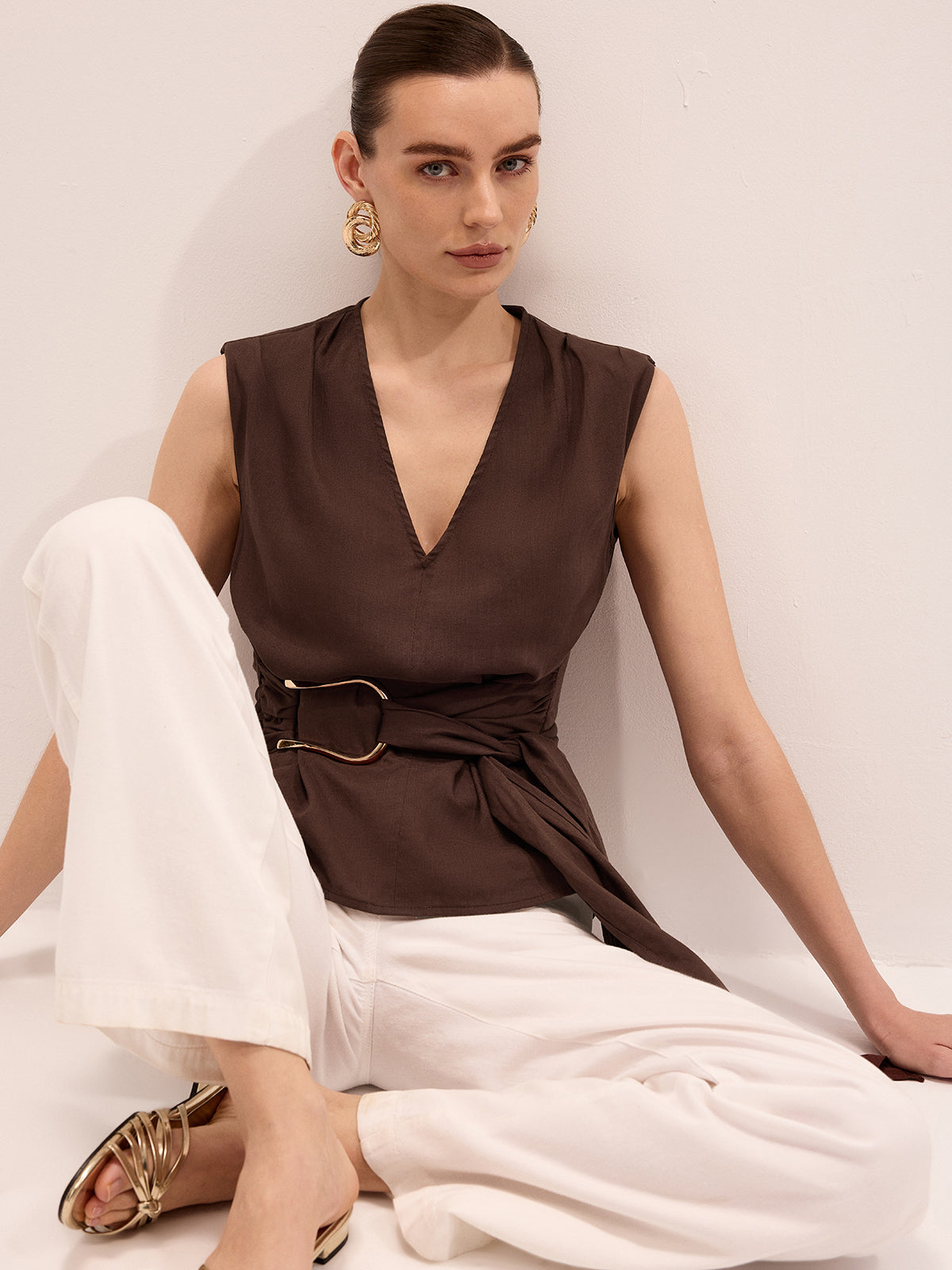 Tie-Waist V-Neck Linen Blend Sleeveless Blouse Women's Summer Casual Top