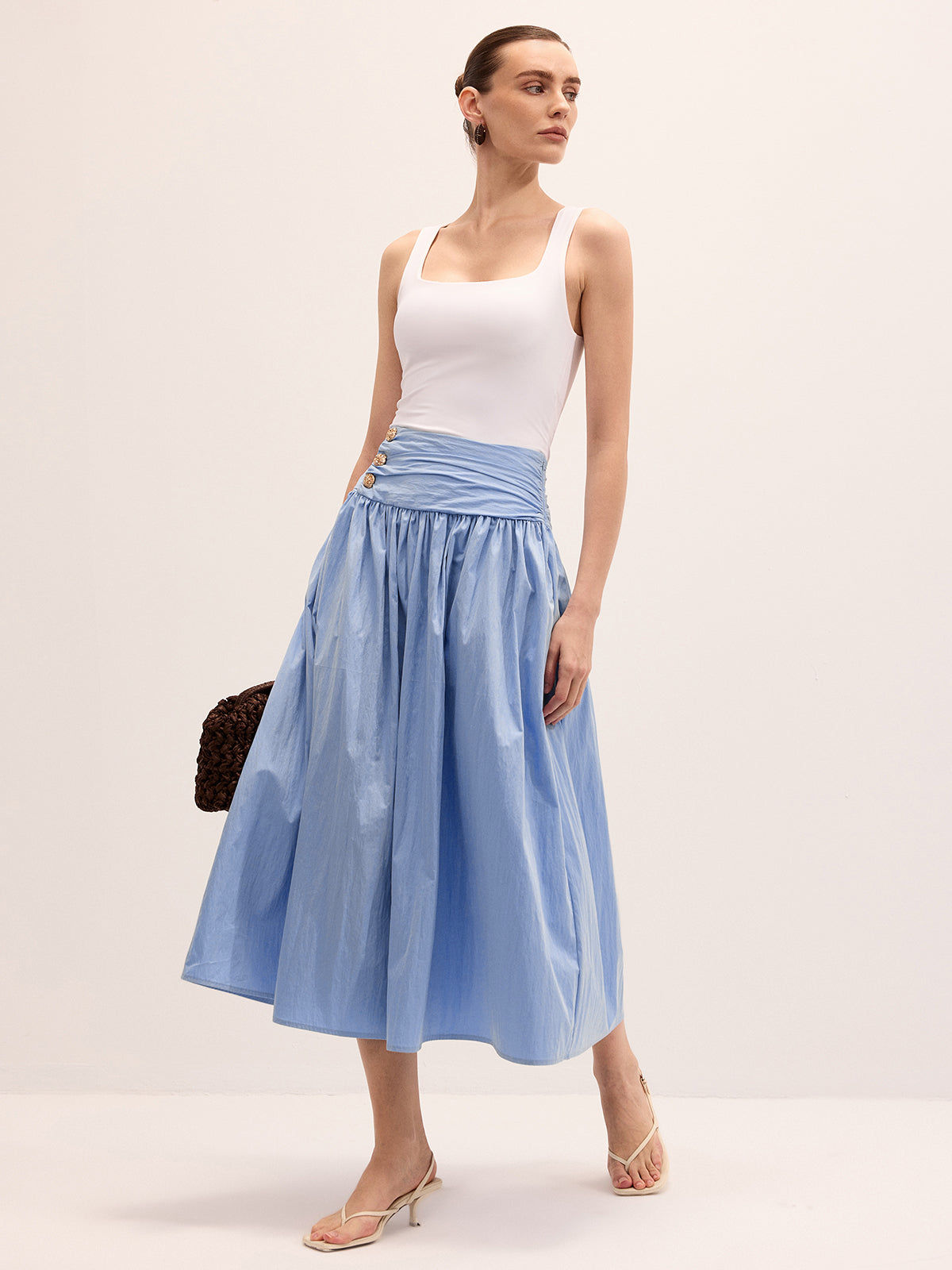 Cotton Blend Ruched Waist Midi Skirt for Casual Wear