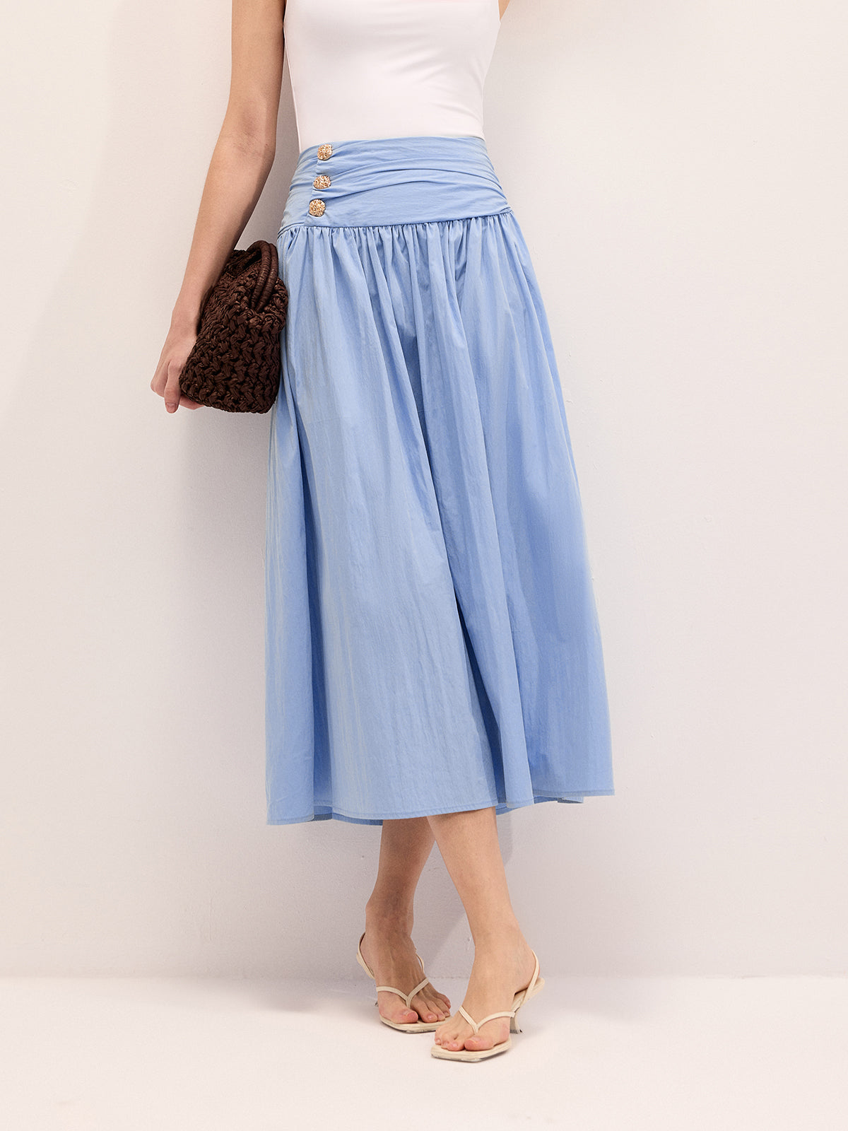Cotton Blend Ruched Waist Midi Skirt for Casual Wear