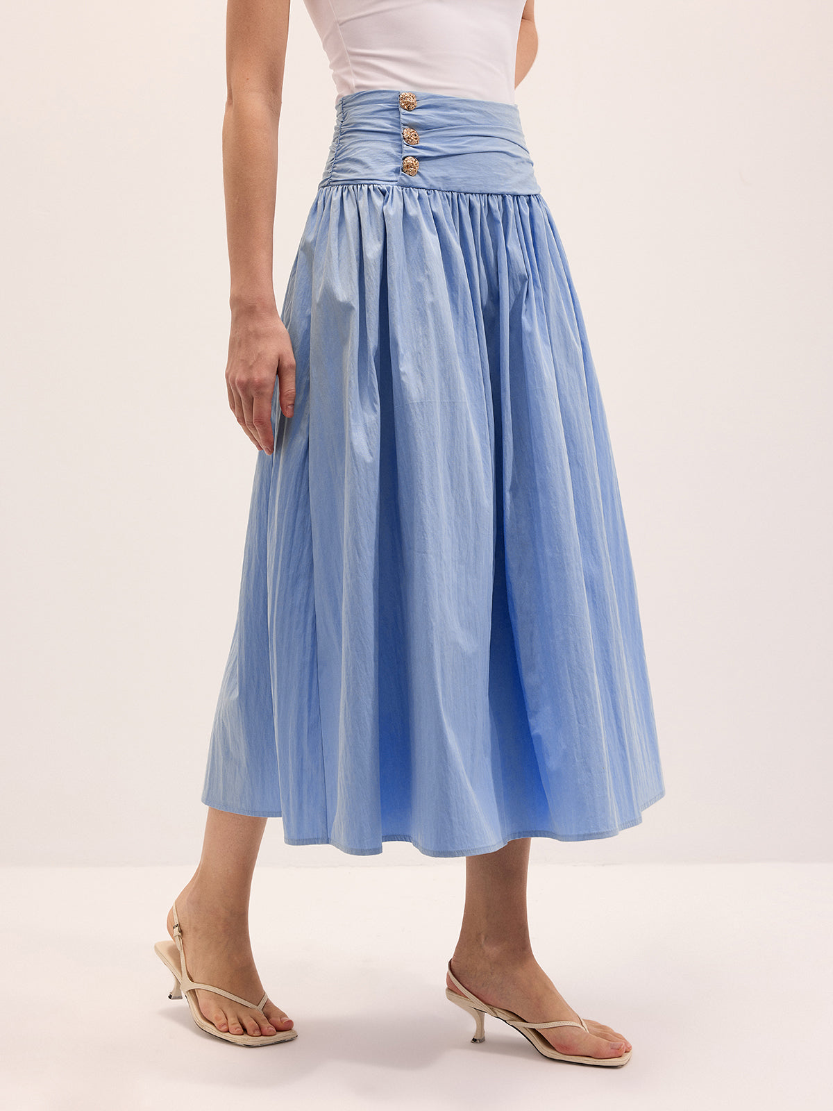 Cotton Blend Ruched Waist Midi Skirt for Casual Wear