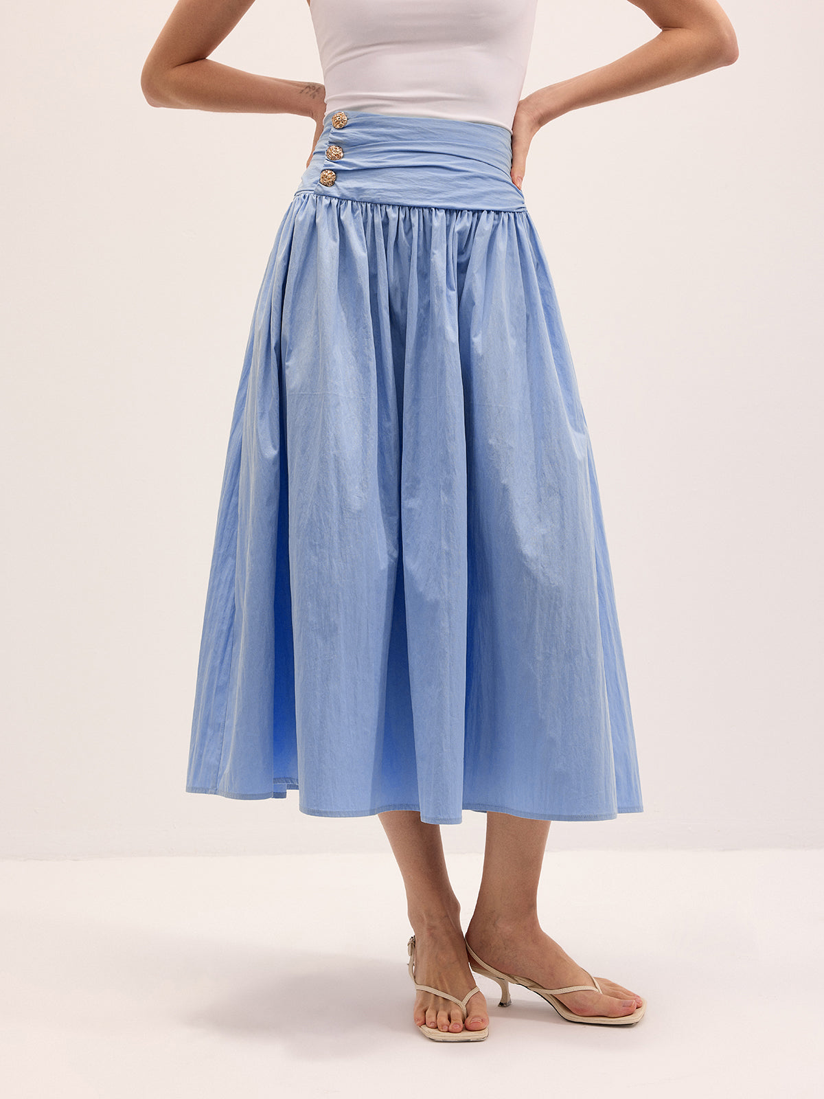 Cotton Blend Ruched Waist Midi Skirt for Casual Wear