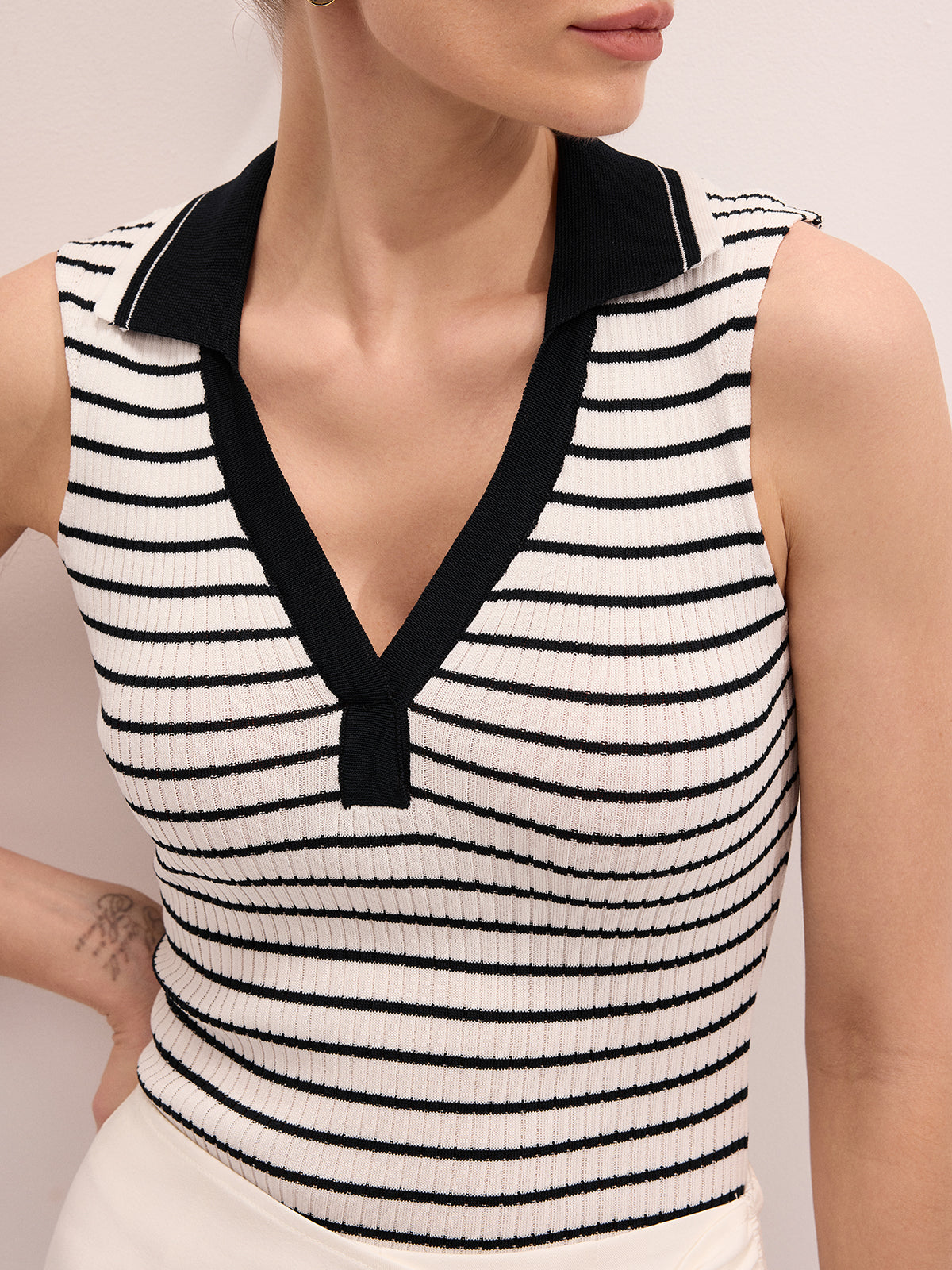 Striped Collared Sleeveless Knit Top for Women Summer Casual