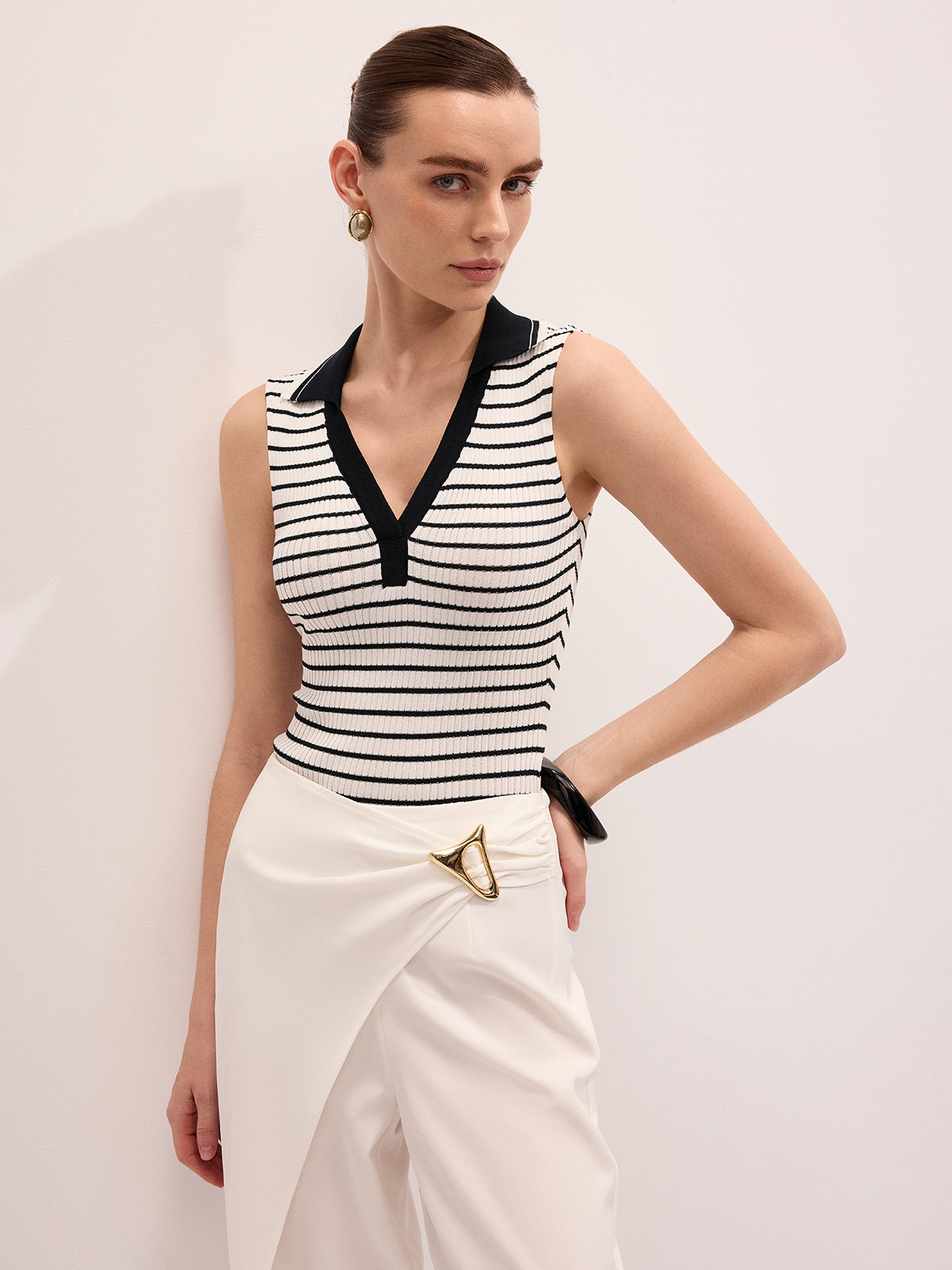 Striped Collared Sleeveless Knit Top for Women Summer Casual