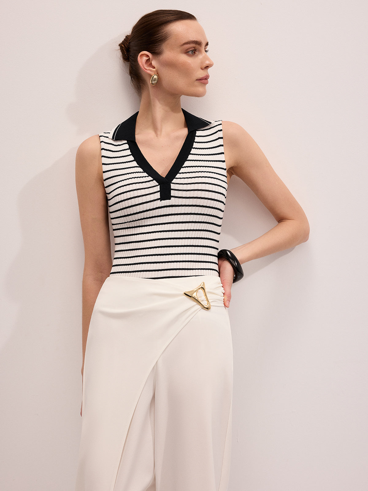 Striped Collared Sleeveless Knit Top for Women Summer Casual