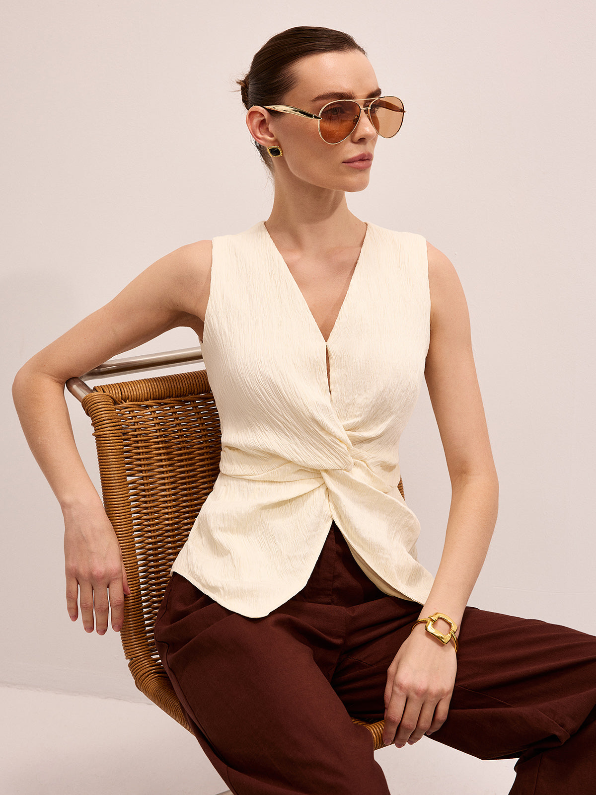 Twisted Sleeveless V-Neck Blouse Women's Casual Summer Top