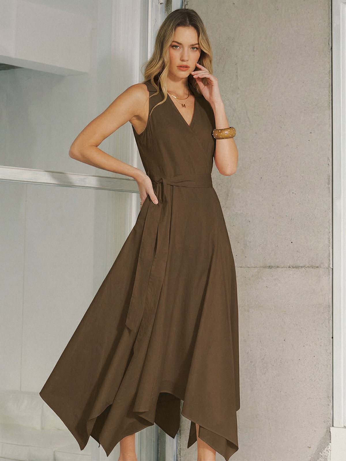 Pocket Detail Sleeveless Belted Maxi Dress for Women Summer Casual