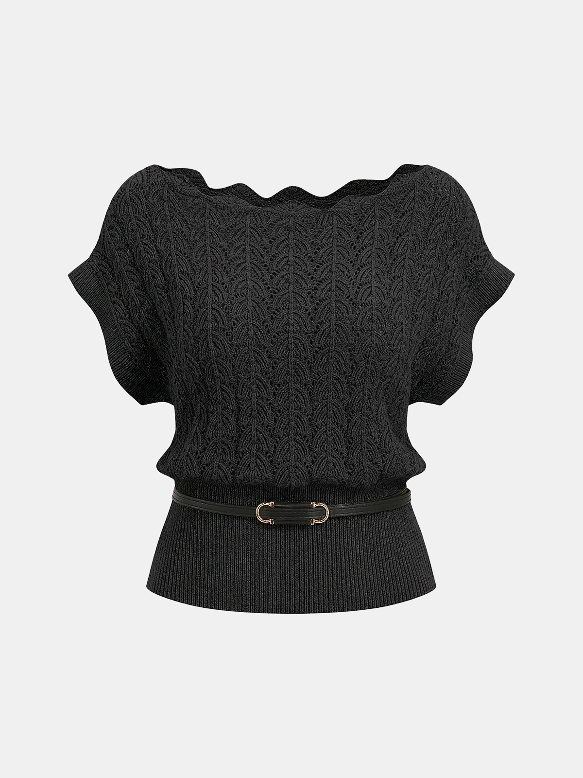 Scalloped Neck Belted Knit Top for Women Casual Wear