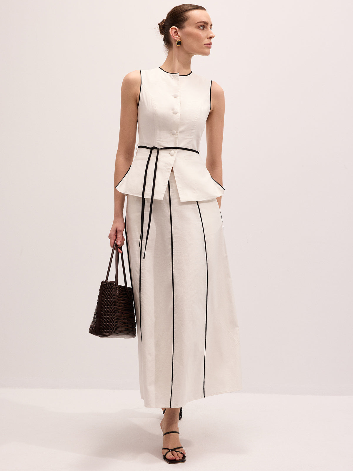 Semi-Sheer Cotton Linen Contrast Piping Top & Maxi Skirt Set for Women Summer Casual