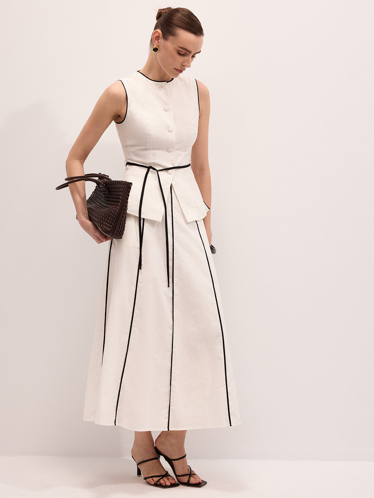 Semi-Sheer Cotton Linen Contrast Piping Top & Maxi Skirt Set for Women Summer Casual
