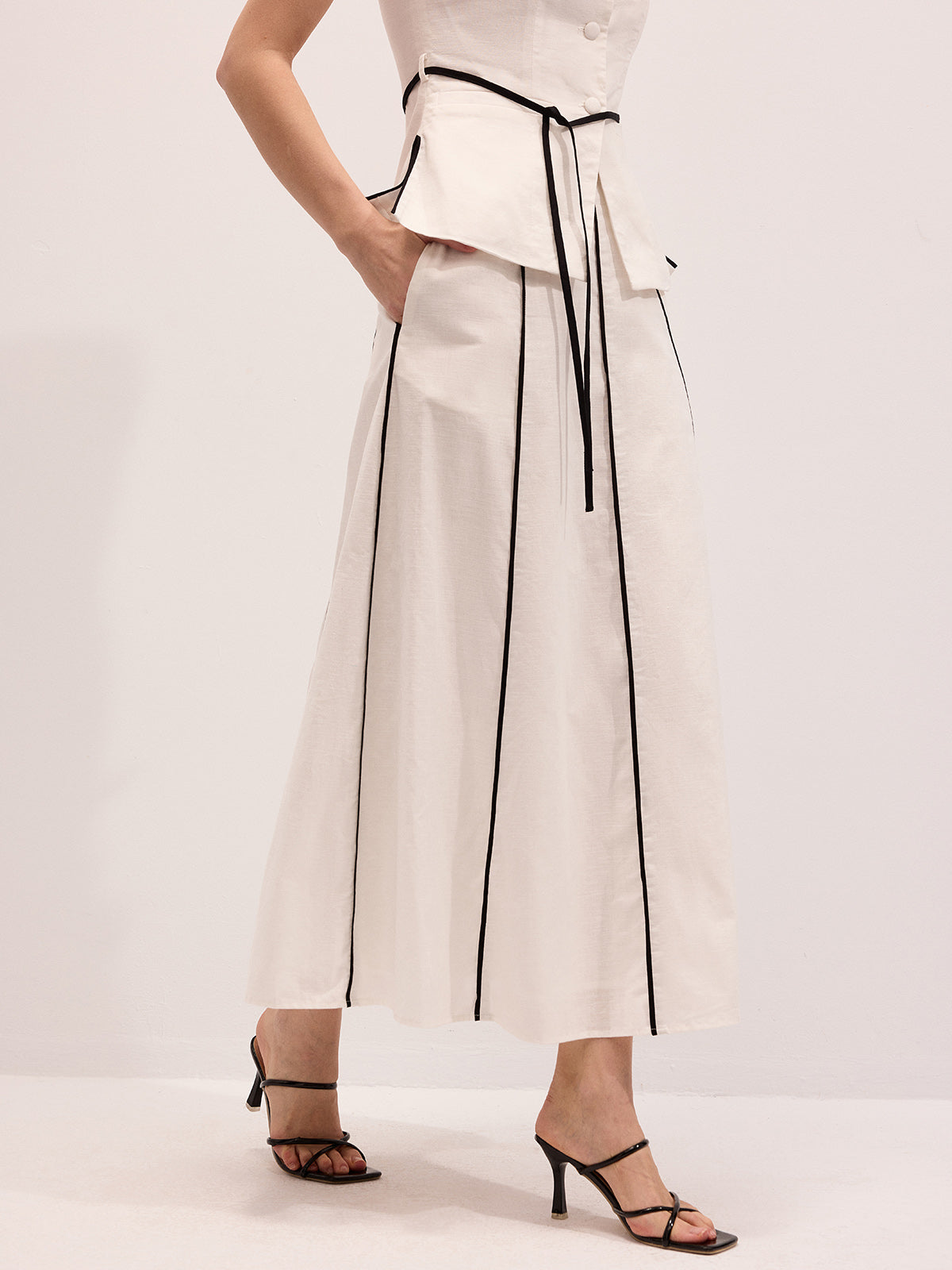 Semi-Sheer Cotton Linen Contrast Piping Top & Maxi Skirt Set for Women Summer Casual