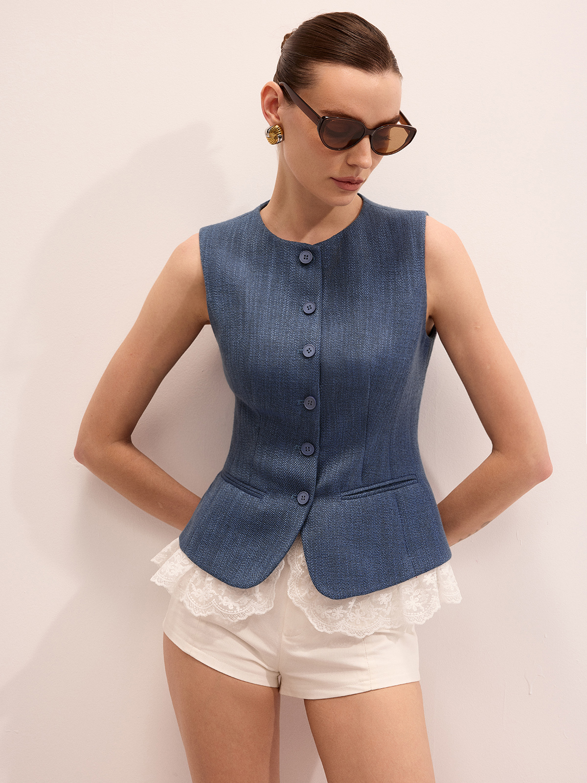 Lace Hem Button Front Slim Vest for Women Casual Wear