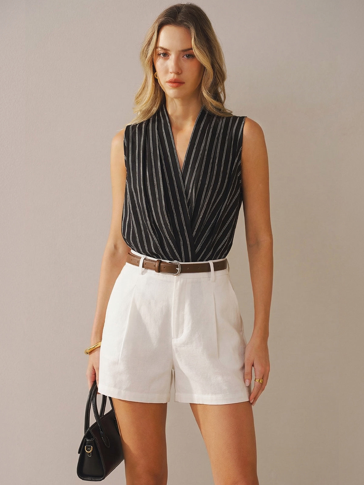 Cotton Linen Striped Sleeveless Wrap Bodysuit for Women Summer Casual