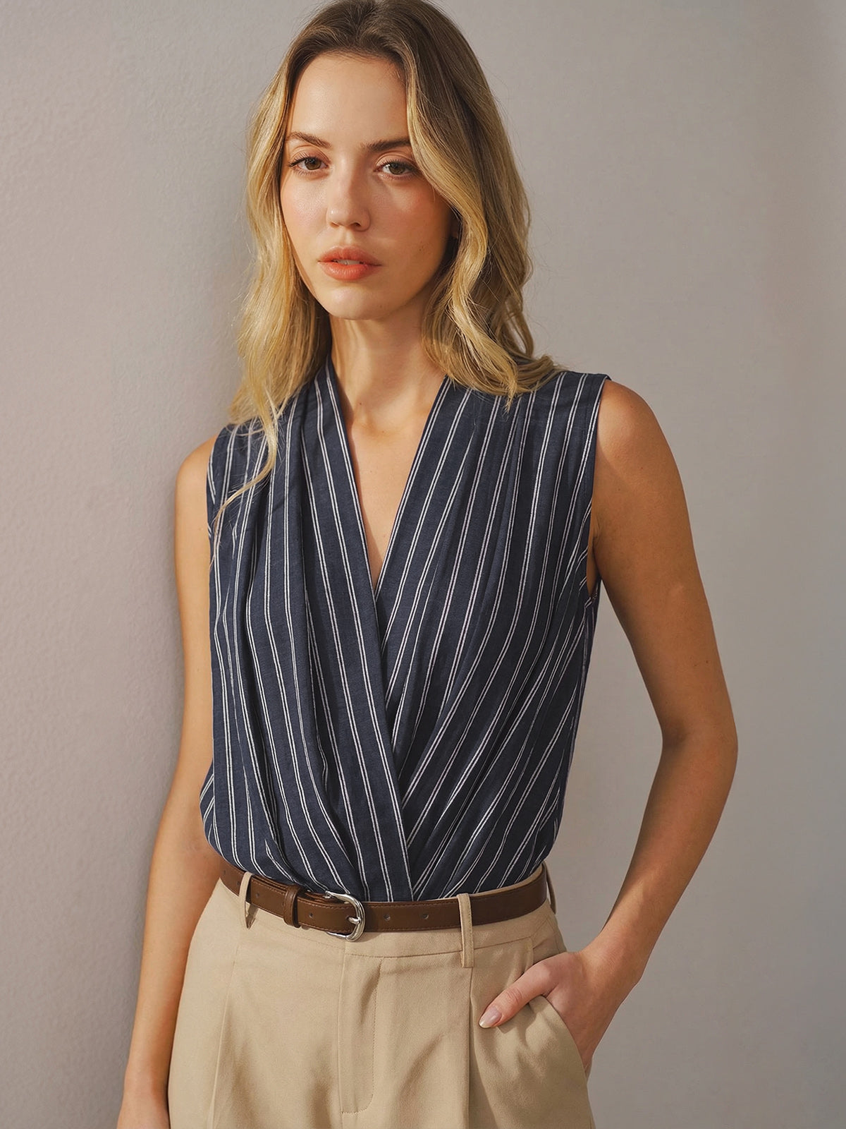 Cotton Linen Striped Sleeveless Wrap Bodysuit for Women Summer Casual