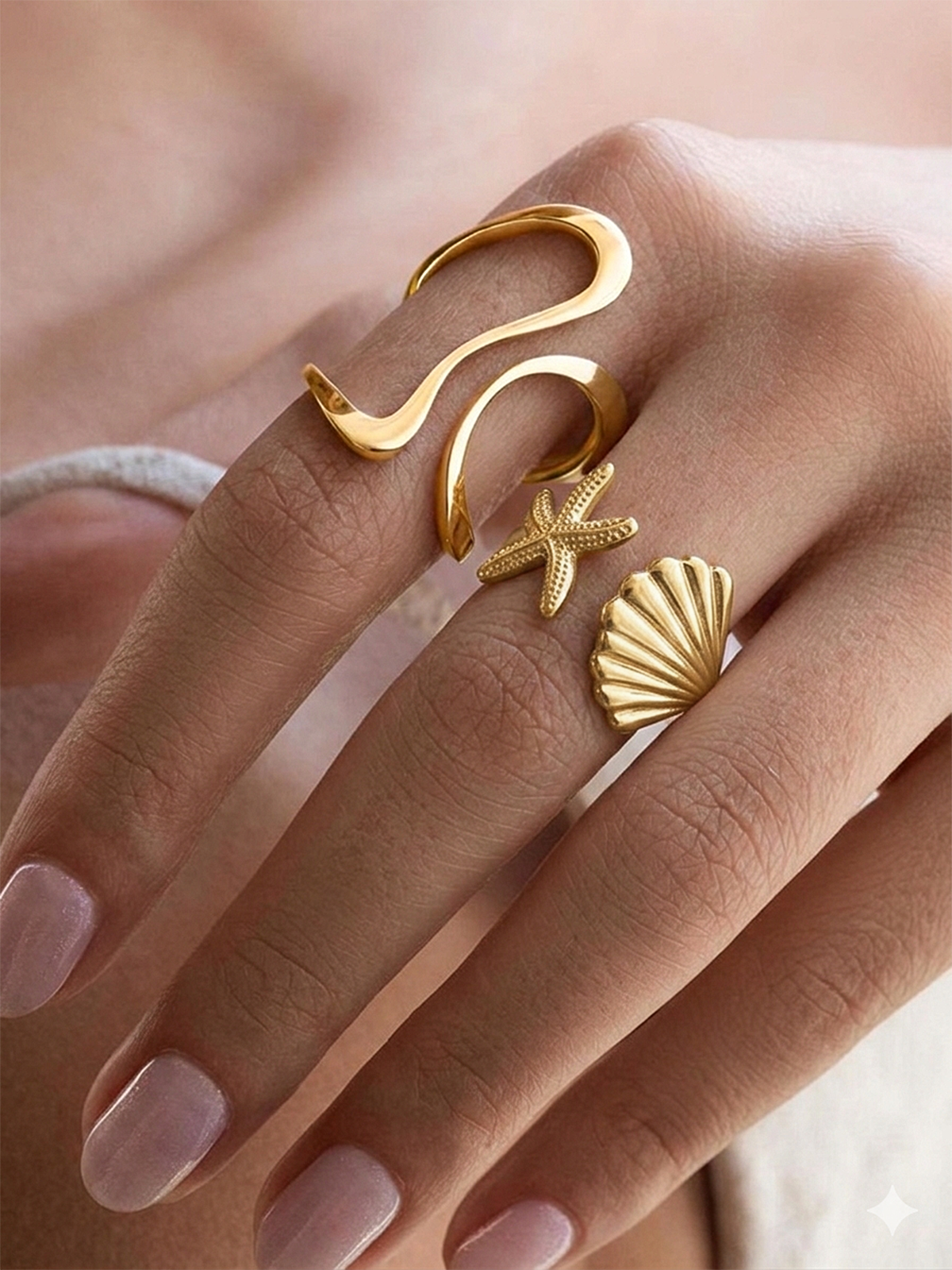 Starfish Shell Open Cuff Ring Adjustable Beach Jewelry