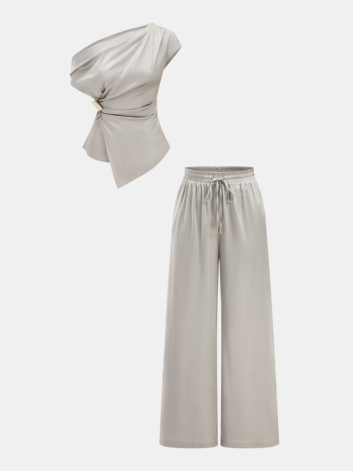 Elegant Satin One-Shoulder Top & Drawstring Pants Evening Set