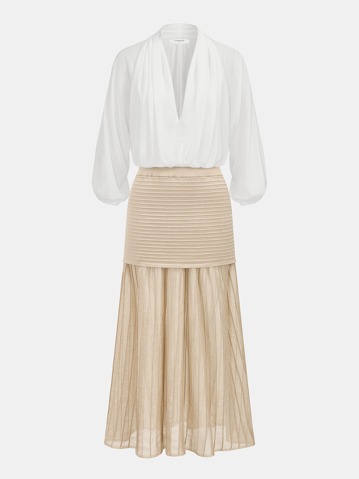 High Waist Patchwork Pleated Midi Skirt with Elastic Waistband