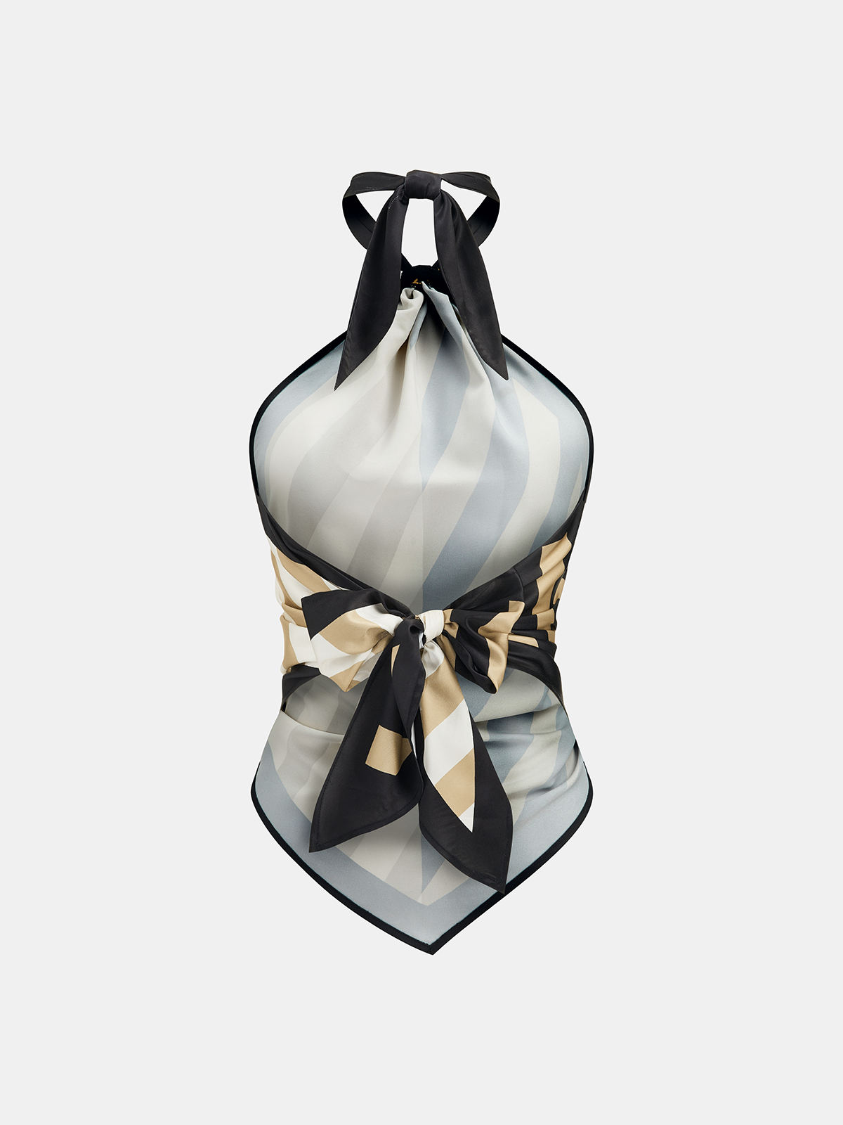 Geometric-stripe satin halter top with asymmetric hem, scarf-style cut, and adjustable neck tie.