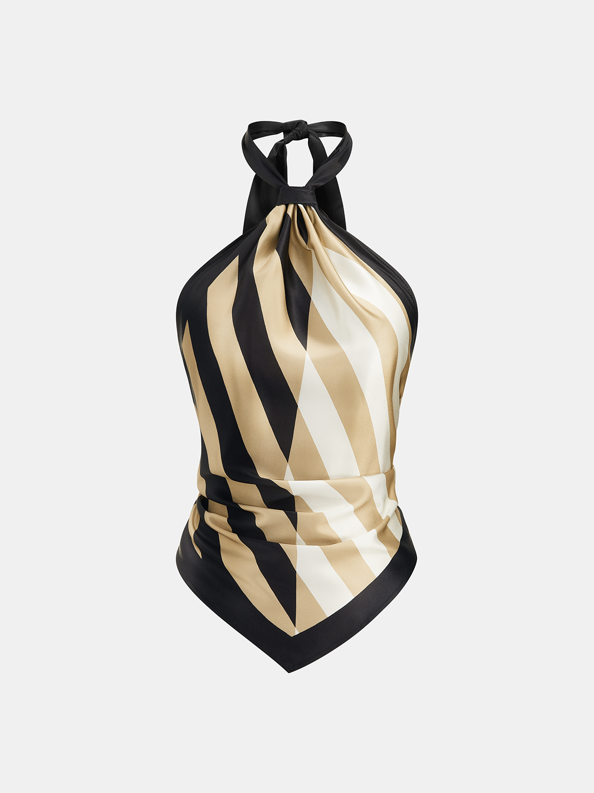 Geometric-stripe satin halter top with asymmetric hem, scarf-style cut, and adjustable neck tie.