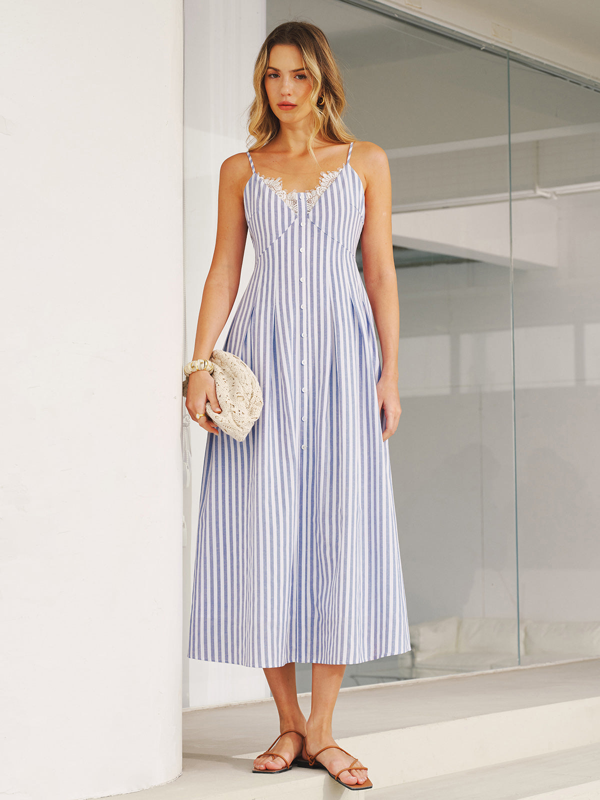 Lace Trim Striped Cami Maxi Dress for Women Summer Casual
