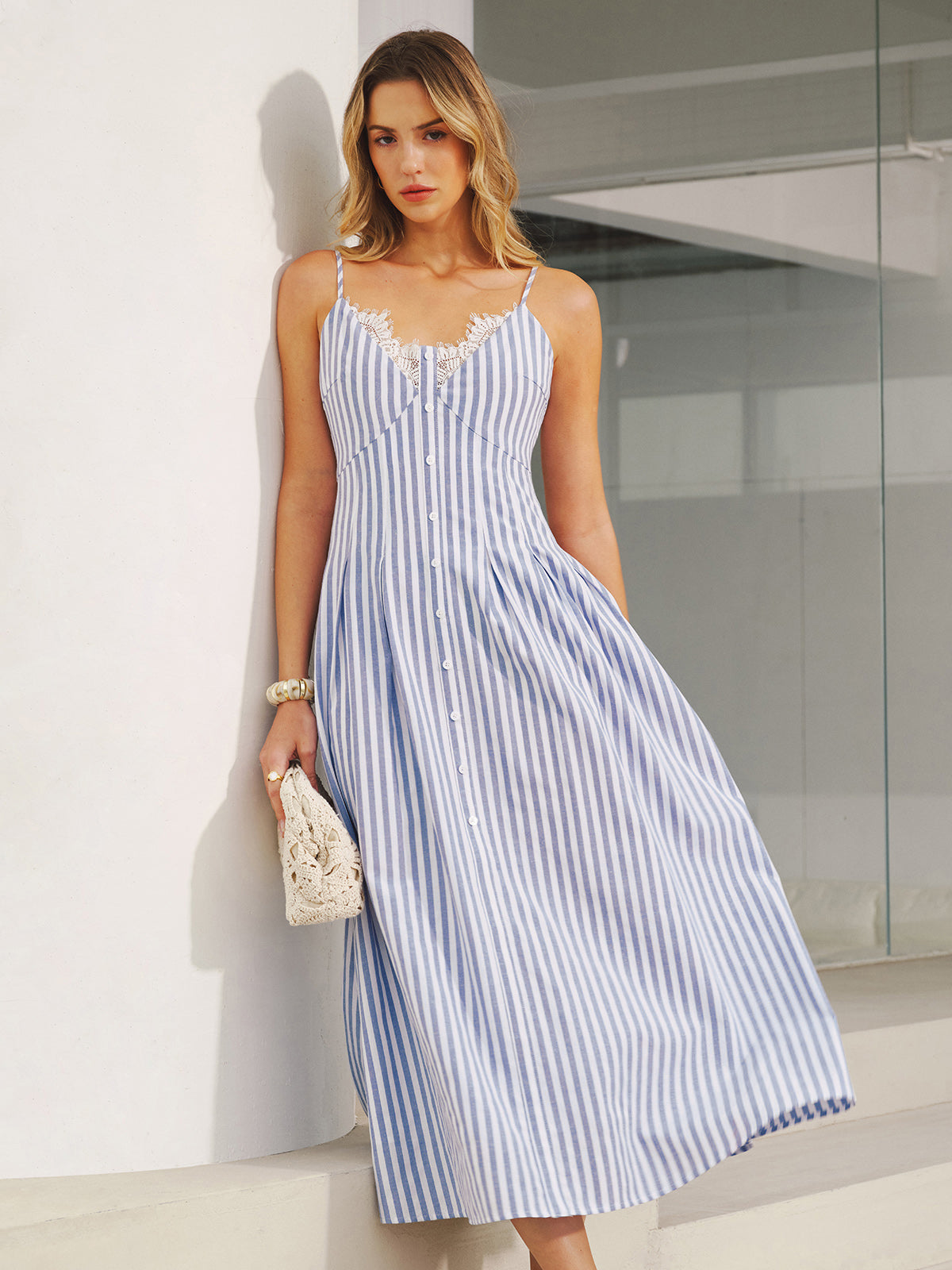 Lace Trim Striped Cami Maxi Dress for Women Summer Casual