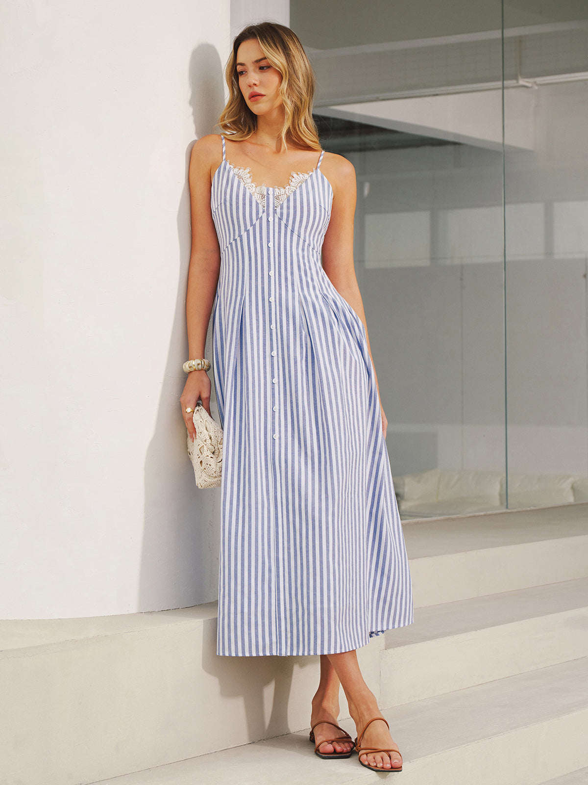 Lace Trim Striped Cami Maxi Dress for Women Summer Casual
