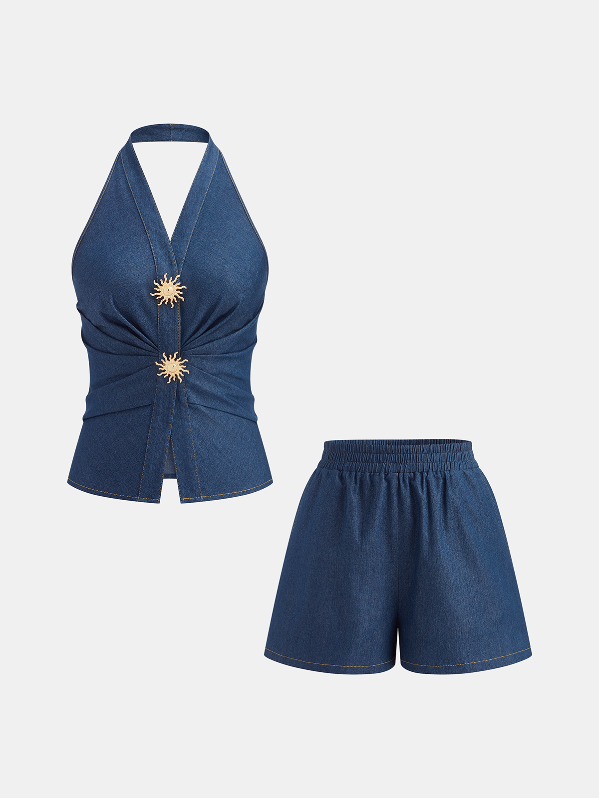 Cotton Blend Halter Vest & Shorts Set for Summer Casual Wear