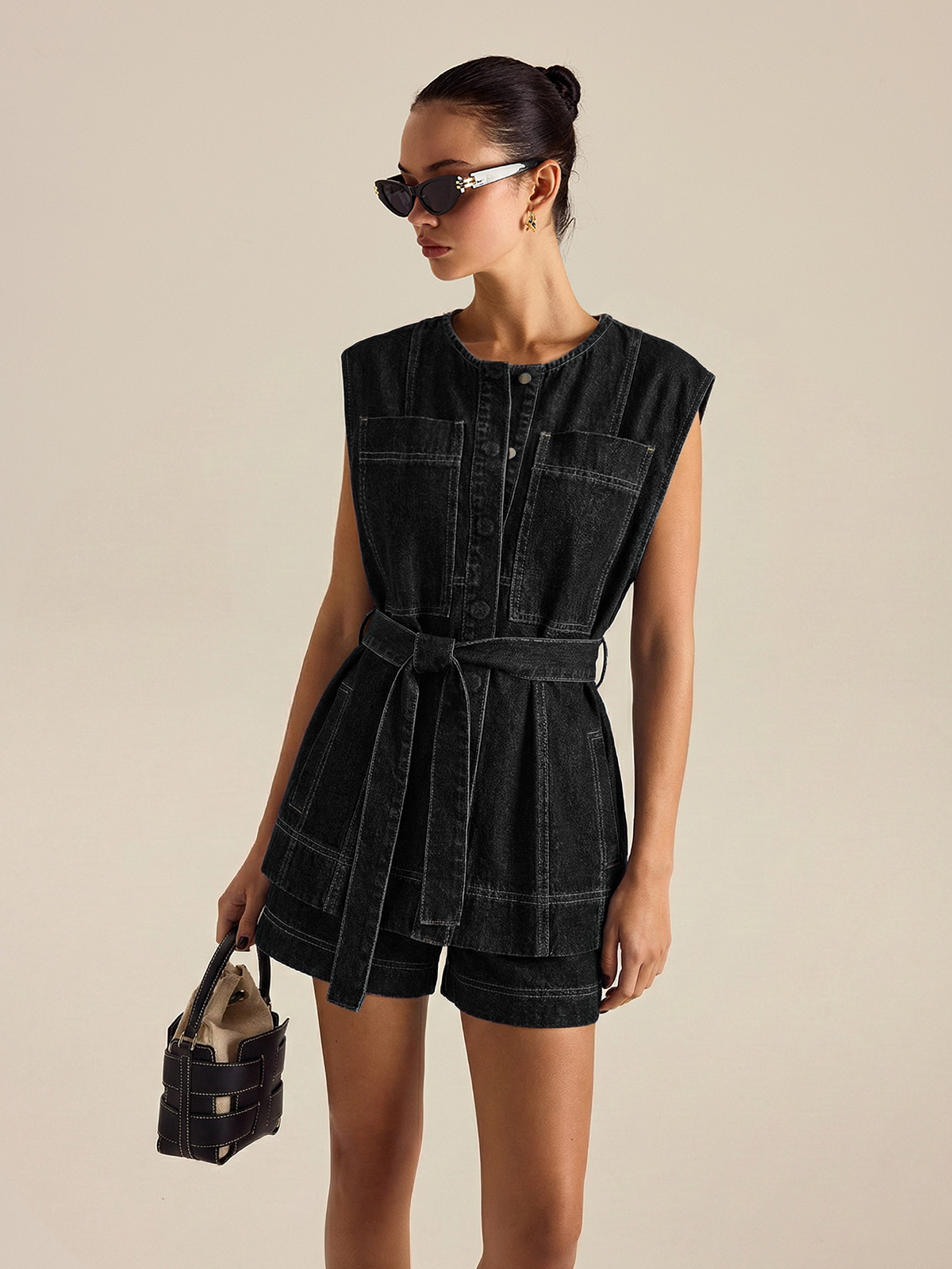 Belted Denim Sleeveless Vest & Shorts Set for Women Casual
